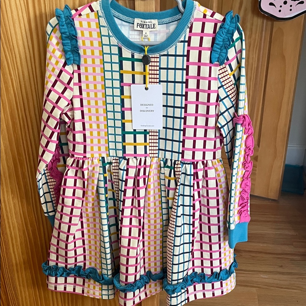 NWT Finding Foxtale Colorful Grid Pattern Dress with Ruffle Details